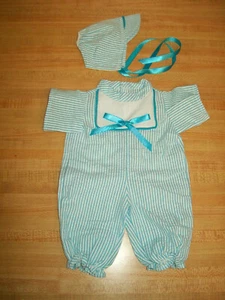 BOYS PREEMIE ROMPER +HAT TURQUOISE BLUE STRIPE for 14" CPK Cabbage Patch Kids  - Picture 1 of 3