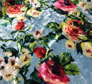 Blue with Roses Floral - Stretch Polyester Velvet Fabric - Picture 1 of 2