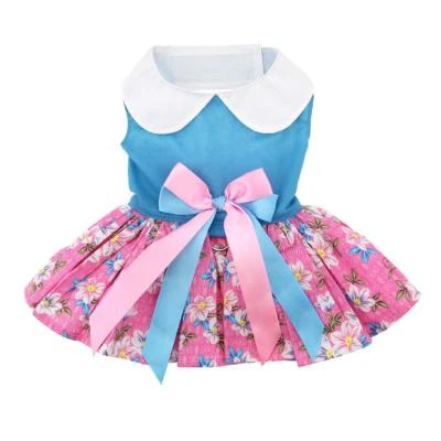 Dog Dress & Matching Leash Pink and Blue Plumeria XS-S-M-L-XL - Image 1 of 2