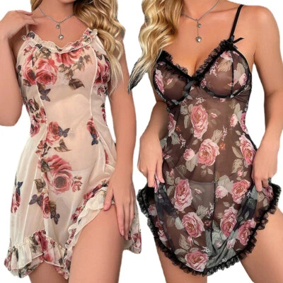 Lencería de encaje con flores para mujeres Babydoll Vestido Correa Quimise Prendas para dormir Sexy Noche EE. UU. Foto 1 de 4