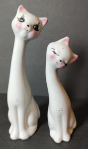 Set of 2 Vintage Long Neck Cat Figurines white with pink ears Siamese - Picture 1 of 7