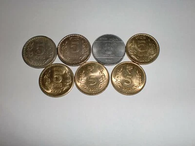 INDIA - 7  "RS. 5/-” OLD&NEW COINS-BIG&HEAVY-4 DESIGNS-2003-2012 # P/7DE/11  - Image 1 of 4