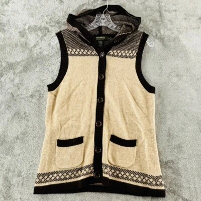 Eddie Bauer Hooded Sweater Vest Womens M Button Brown Tree Embroidery Pockets - Image 1 of 4