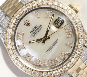 Rolex Datejust 116233 18k Gold Fully Iced 2CT Diamond Bezel White MOP Roman Dial - Picture 1 of 7