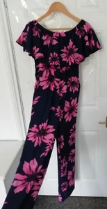 JCL Gr. S dunkelblau rosa Blumen Jumpsuit Bardot Taschen strukturiert Damen - Bild 1 von 9