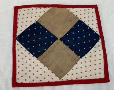 Vintage Patchwork Quilt Small Table Topper, Four Patch, Dot Prints, Navy, Red - Image 1 of 4