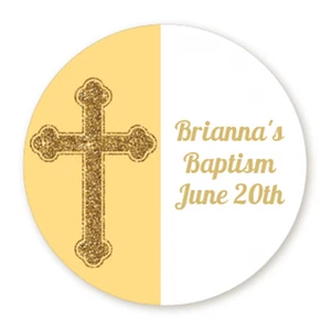 Gold Glitter Yellow Cross - Round Personalized Baptism Christening Sticker Label - Picture 1 of 2