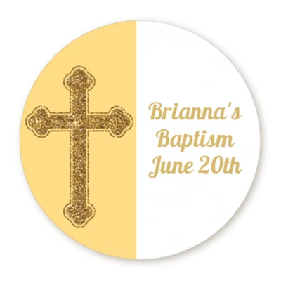 Gold Glitter Yellow Cross - Round Personalized Baptism Christening Sticker Label - Image 1 of 2