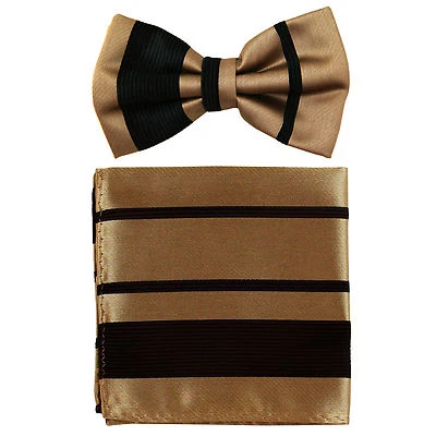 Nuevo Pajarita Formal Para Hombre Pre Atado y Bolsillo Cuadrado Pañuelo Rayas Moca Marrón  Foto 1 de 4