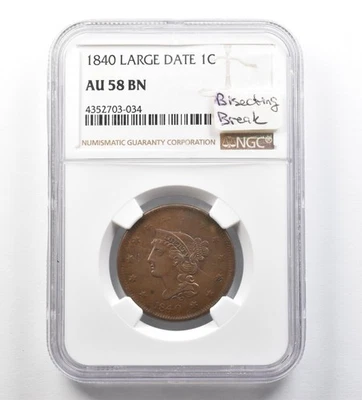 1840 Braided Hair Large Cent AU58 BN NGC Bisecting Break *3464 - Image 1 of 3