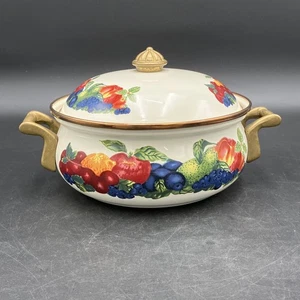 Vintage Lincoware Cooking Pot 10" Enamel and Brass Cornucopia with Fruit Pattern - Picture 1 of 9