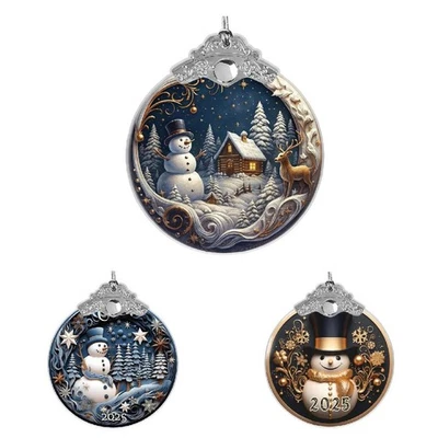 Schneemann Ornamente für Weihnachtsbaum 2025, 2D rund blau Schneemann - Bild 1 von 4