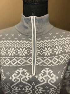 Obermeyer Grey & White Nordic Design, Cotton Blend, 1/4 Zip Sweater, Ladies Larg - Picture 1 of 11
