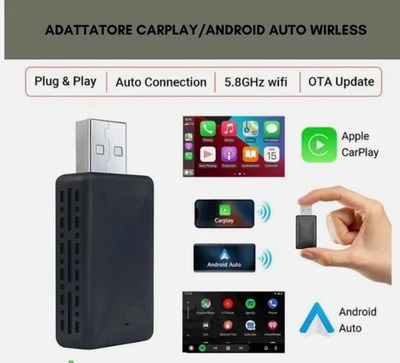 Adattatore Wireless USB CarPlay Android Auto Universale per Auto 2025 - Immagine 1 di 4
