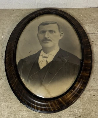 Antiguo marco de fotos victoriano Art Deco ovalado convexo burbuja vidrio rayas de tigre Foto 1 de 4