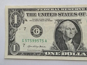 1 $ Schein Radar Note G57599575A Fancy Seriennummer Repeater  - Bild 1 von 4
