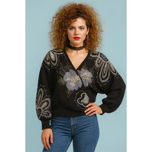 Bonnie Boerer Co Ramie Pullover Sweater Black Womens Size L Floral Sequins - Picture 1 of 12