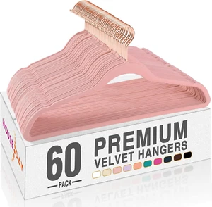 Pink Velvet Hangers 60 Pack, Premium Non-Slip Felt , Sturdy Heavy Duty Coat, Dur - Picture 1 of 9