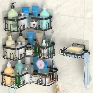 4-Pack Corner Shower Caddy - No Drill Adhesive Shelf w/Hooks, Black - Picture 1 of 6