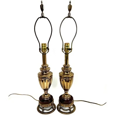 2 VTG Rembrandt Brass Table Lamps 1980’s Cherrywood 29" Tall Footed Mid Century - Image 1 of 4