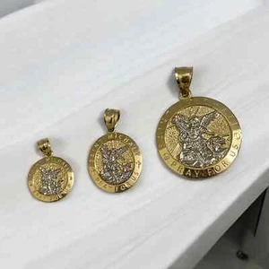 14k Solid Yellow White Gold Saint Michael Religious Pendant Charm Round 14 Karat - Picture 1 of 7