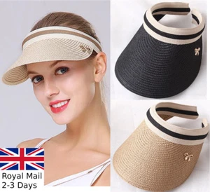 Ladies Women Summer Sun Visor Beach Hat Long Brim Straw Tennis Cap - Picture 1 of 14
