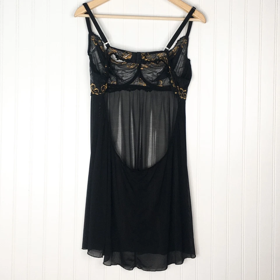 Elegante Momentos Mujer Babydoll Chemise Negro Dorado Sedoso Encaje Vestido Sexy Plus 3X Foto 1 de 4
