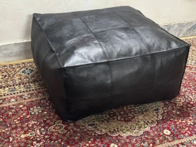 Ottoman Leather Unstuffed Pouffe Boho 30'' Black Handmade Moroccan Footstool - Image 1 of 4