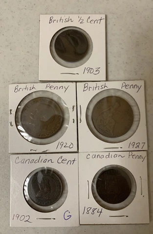 Canadian cents 1884 & 1902. 2 British pennies, 1920 & 1927. 1/2 Cent 1903 Cover