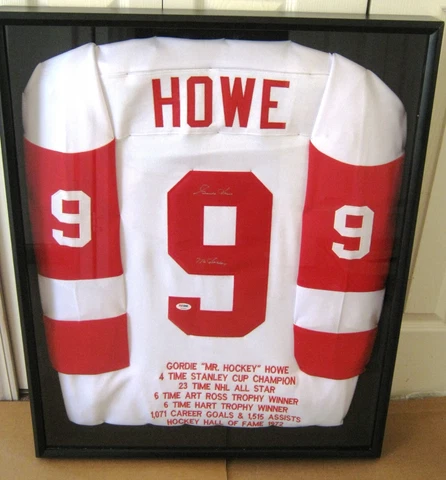 Detroit Red Wings Gordie Howe (D) Signed Stats Jersey - PSA / DNA Framed Cover