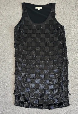 Erin Featherston шелк бисером платье Sz 8 коктейльное декольте с бахромой - Изображение 1 из 4