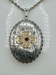 Vintage 1982 Extra Large Sterling Silver, Gilt & Ruby Locket & 21.5” Chain - Picture 1 of 9