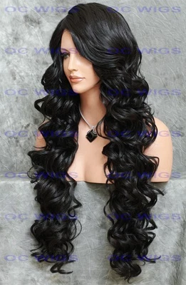 Extra Long Full Curly Heat Safe Lace Front Human Hair Blend Wig Jet Black EVEZ 1 - Image 1 of 4