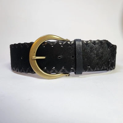 Banana Republic Curved Black Calf Hair Leather Belt Laced Boho Western Small - Image 1 of 4