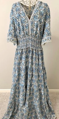 Max Studio Woven Peasant Maxi Dress Boho Floral Green Blue Elastic Waist Plus 1X - Image 1 of 4