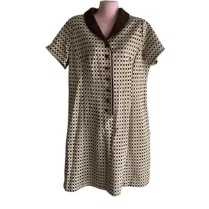 Vtg 1970s Dress Women's Bust 44" Polyester Knit Brown Beige Ivory Button Front - Picture 1 of 4