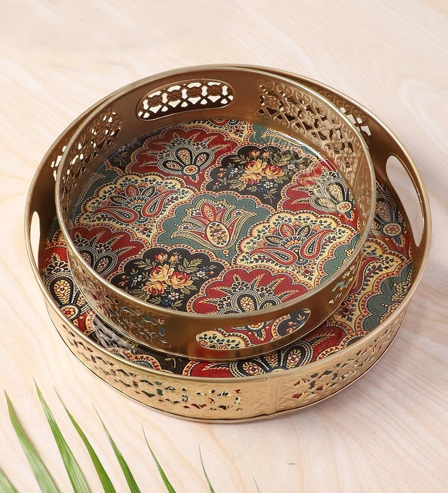Traditional Design Metal Round Serving Trays  handcrafted,  Trays Set 2 piece - Image 1 of 4
