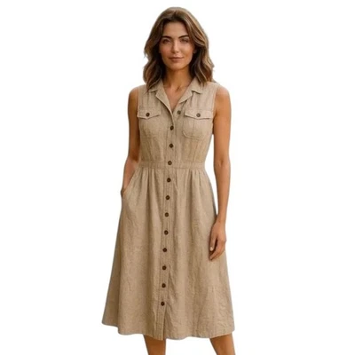 J Jill Love 亚麻连衣裙女式中号棕褐色亚麻纽扣前无袖 Midi — 第 1/4 张图片