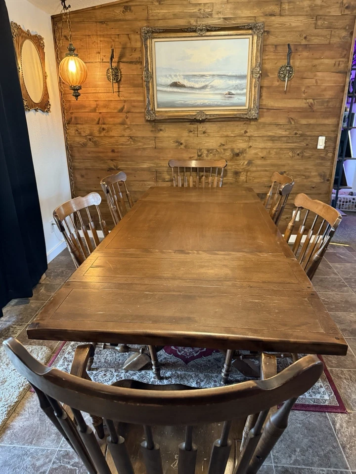 Винтажный обеденный набор Temple-Stuart Rockingham из клена - 6 стульев + 2 листа - Изображение 1 из 4