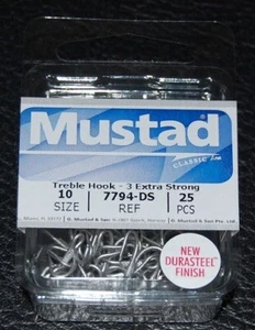 25 Pack Mustad 7794-DS - Size 10 - Durasteel Saltwater 3X Treble Hooks - Picture 1 of 2
