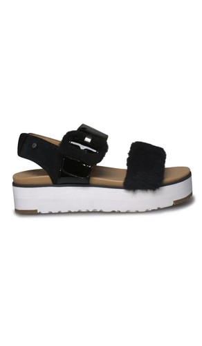 SANDALI DONNA UGG FLUFF CHELLA NERI PELLE DI PECORA CINTURINO TAGLIA US 6 5 NUOVI