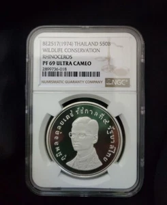 Thailand 50 baht Wildlife Conservation Rhinoceros PF 69 UC NGC silver coin 1974 - Picture 1 of 2