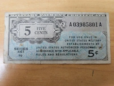 USA  5 Five Cents Military Payment Certificate MPC Series 461 5C Note Bill - Image 1 of 4