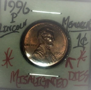 1996 P Memorial 1 Cent Penny Mint Error Misaligned Dyes  - Picture 1 of 4