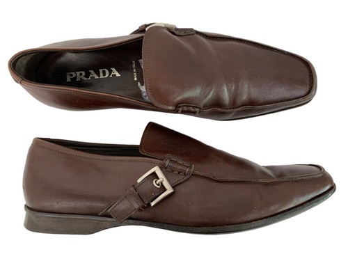 Mocassini vintage Prada Italy da uomo in pelle marrone con fibbia taglia 10 US slip on larghezza 2D
