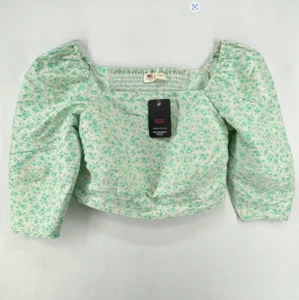 Levi's Statement Bluse XS Cropped gesmokter Rücken Puff 3/4 Arm grün geblümt - Bild 1 von 11