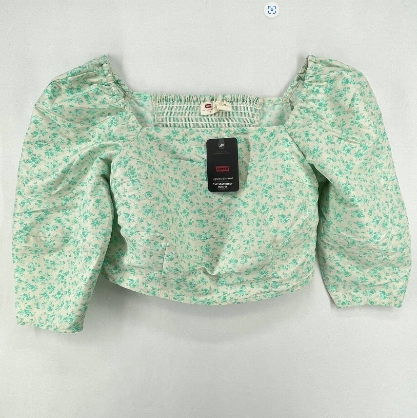 Levi's Women's Puff 3/4 Sleeve Cropped Blouse Electric Green Floral XS