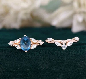 Set Fede Nuziale Fidanzamento Topazio Blu Londra Argento 925 Placcato Oro Rosa 14K - Foto 1 di 11