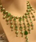 Vintage Glass Beaded Festoon Necklace Peridot Green Moonglow Fringe Bib Cascade