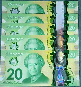 2012 Canada Banknote $20 Twenty Dollar Polymer NEW SET of 5 Consecutive MINT UNC - Foto 1 di 2